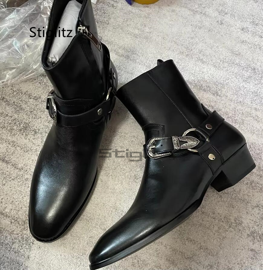 Men's Belt Buckle Ankle Boots  - Leather Work Western 评论和价格
