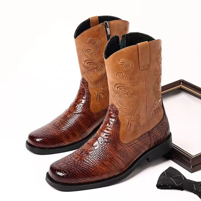 Embroidery Men's Boots Retro C - Leather Work Western 评论和价格