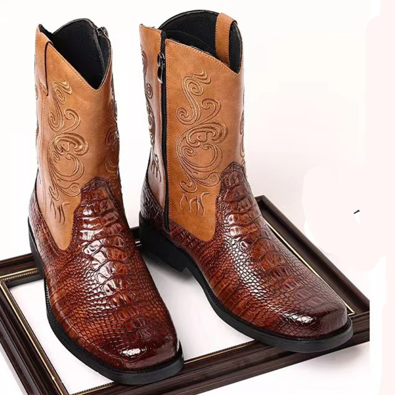 Embroidery Men's Boots Retro C - Leather Work Western 评论和价格